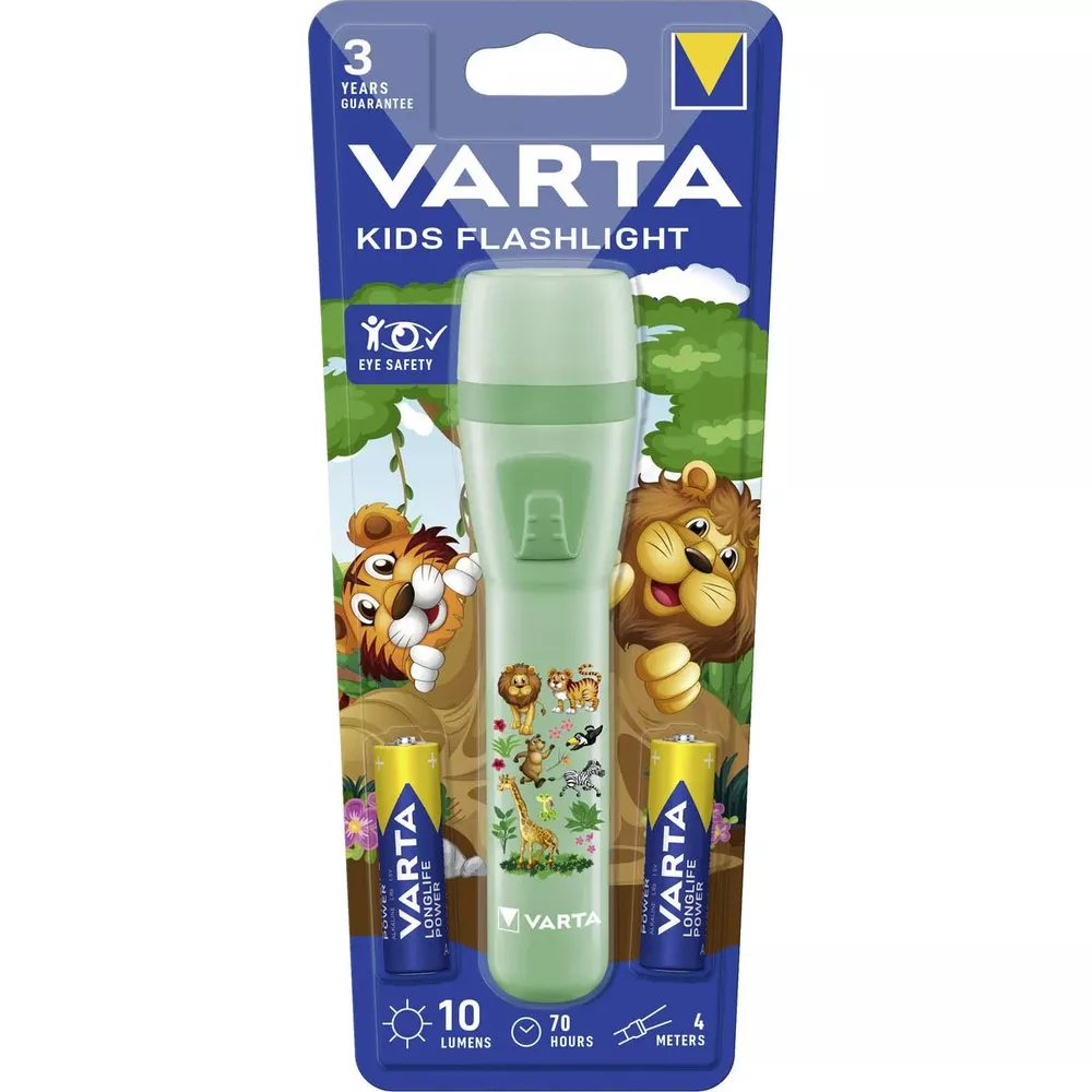 Lampe de poche Varta pour enfants avec lions et animaux sauvages, piles incluses.