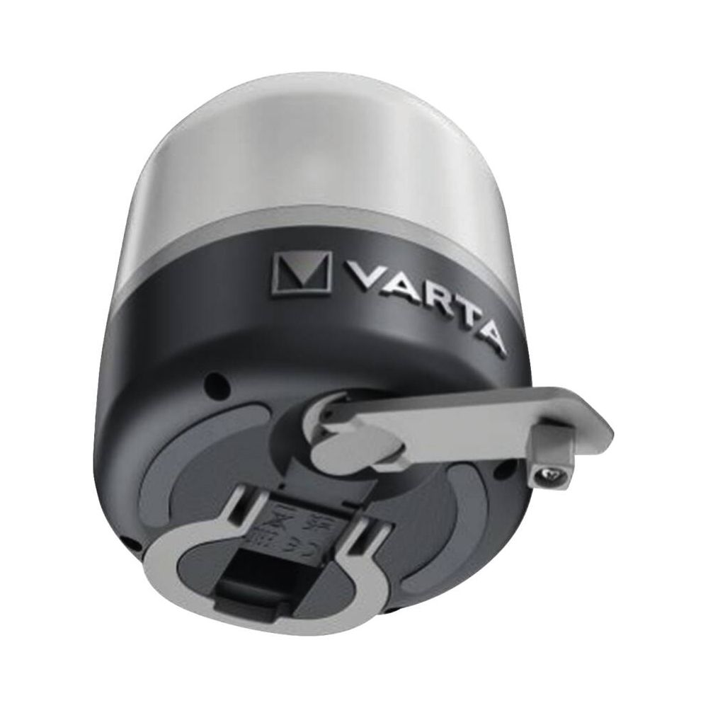 Varta-Warnleuchte mit silbernem Gehäuse und schwarzem Sockel.