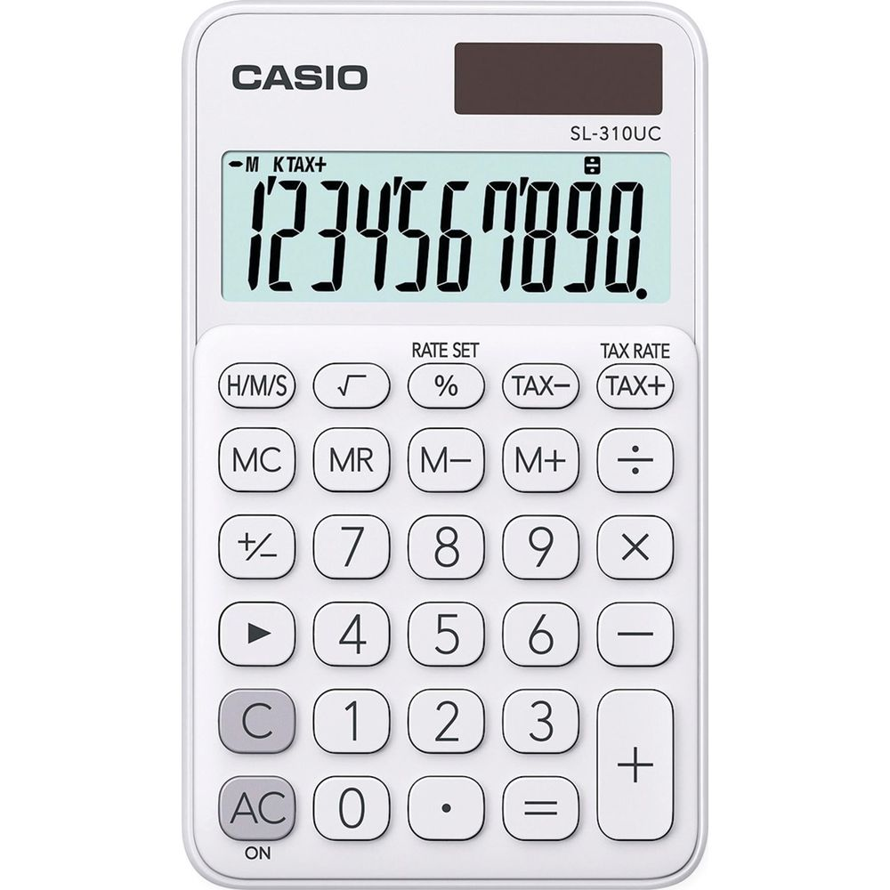 Biały kalkulator Casio SL-310UC z szarym wyświetlaczem pokazującym '1234567890' i różnymi przyciskami funkcyjnymi.