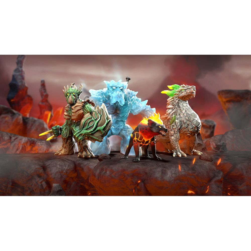 Quattro creature fantasy: uomo albero, gigante di ghiaccio, cane di fuoco, drago.