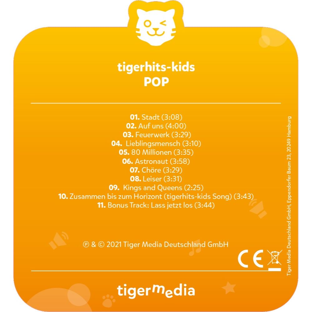 Orange CD-Hülle mit Songliste für 'tigerhits-kids POP'.