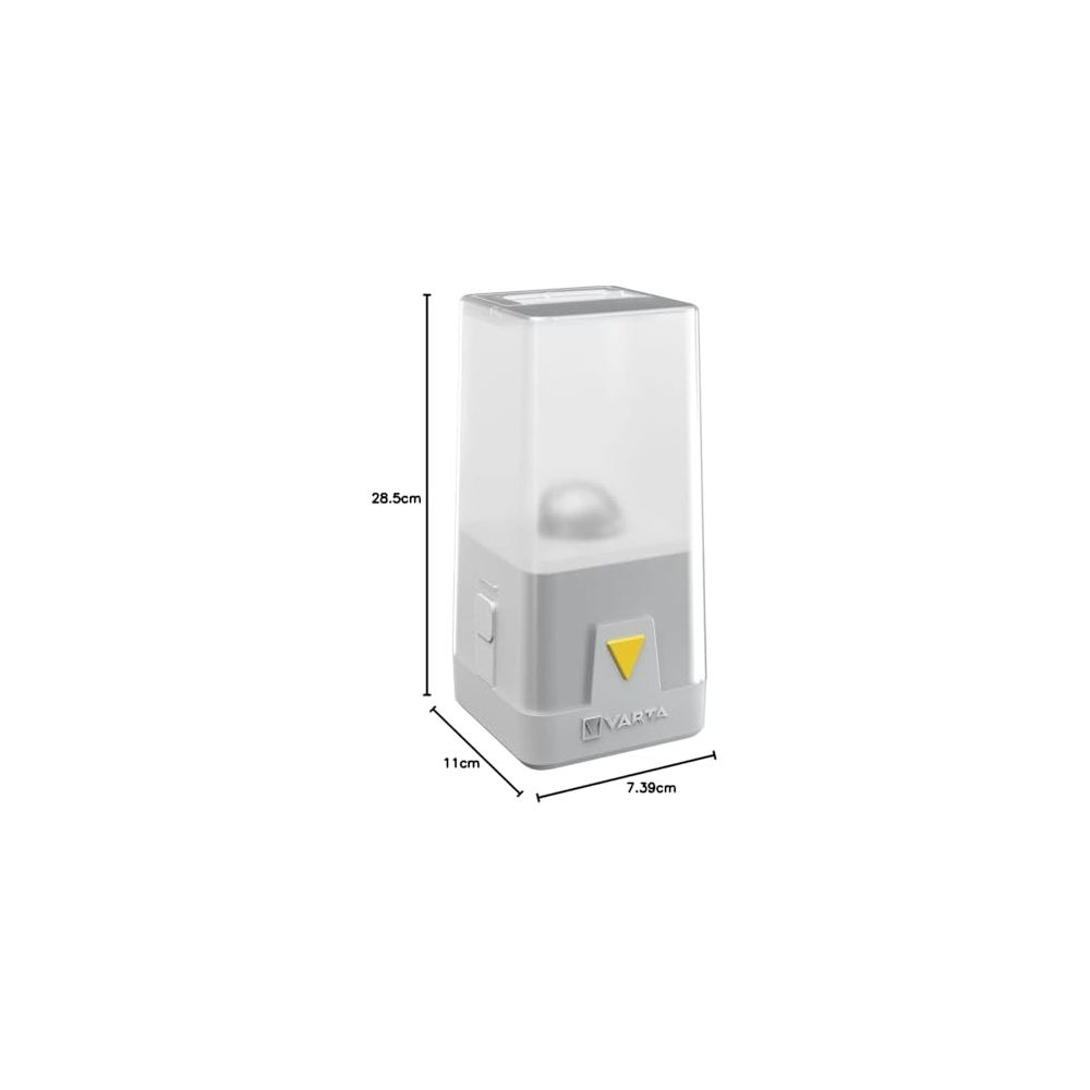 Lanterna VARTA grigia con triangolo giallo. Dimensioni: 28,5cm A, 11cm L, 7,39cm P.