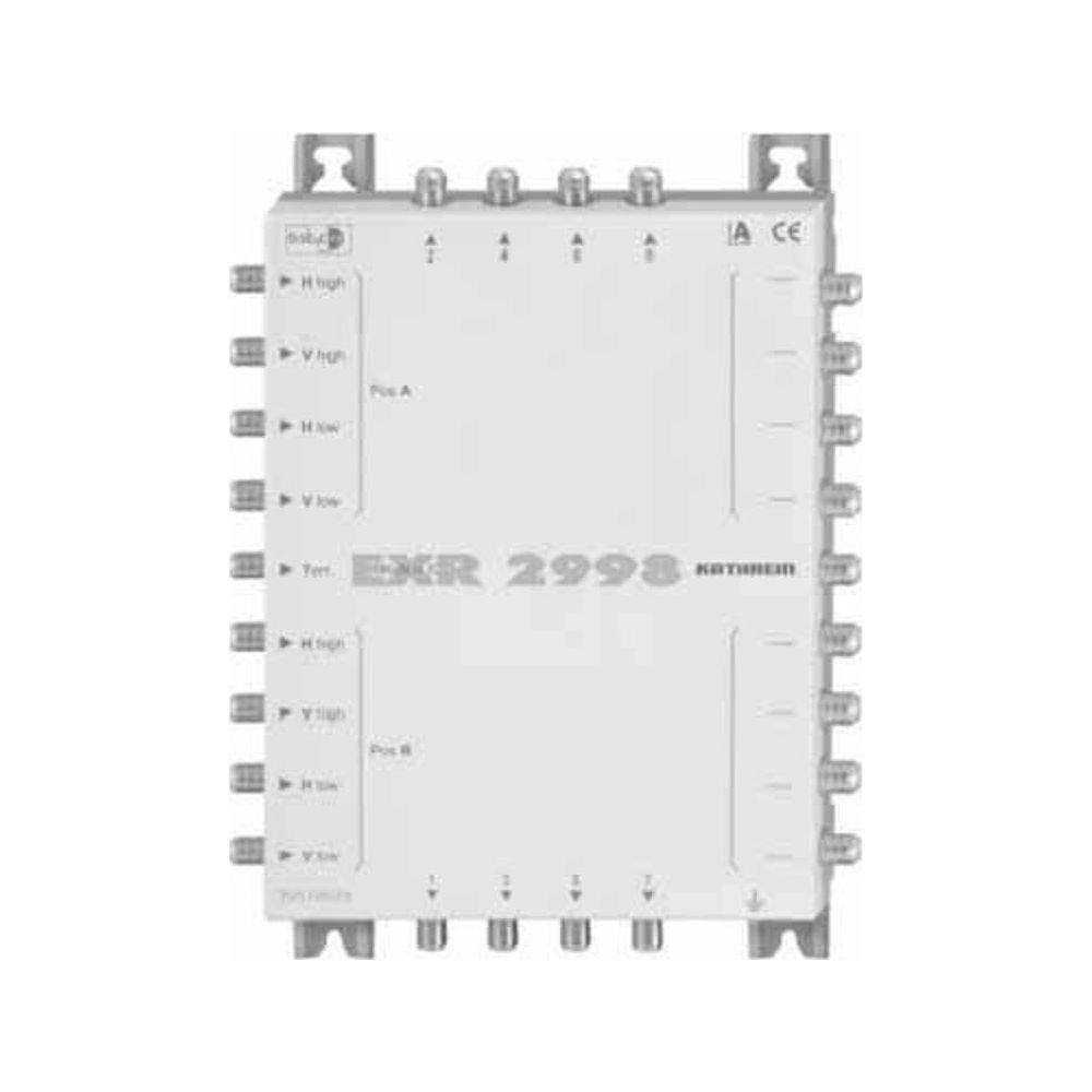 Ein weißes Satelliten-Verteilermodul mit Anschlüssen an den Seiten und Beschriftungen.