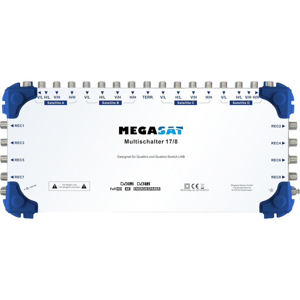 Megasat Multischalter 17/8 mit Anschlüssen für Satelliten A, B, C, D und 8 Empfänger.