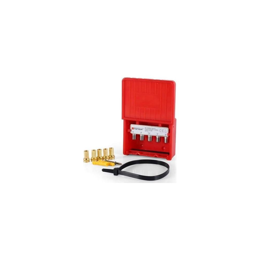 Roter Verteiler mit goldenen Steckern, gelbem Dübel und schwarzem Kabelbinder.