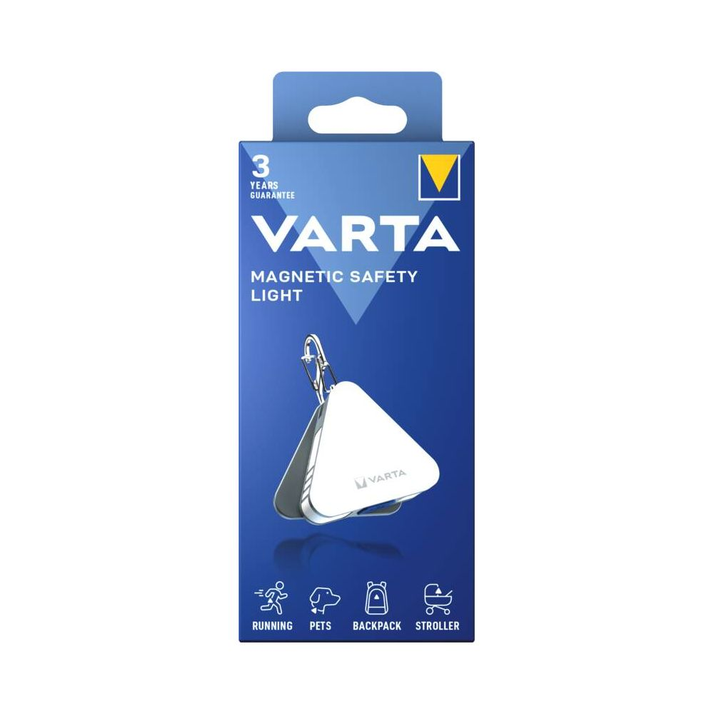 Lampe de sécurité magnétique Varta : triangle blanc avec porte-clés, pour course, animaux, sacs, poussettes.