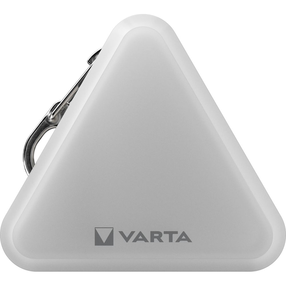 Un appareil Varta triangulaire blanc avec un clip argenté.