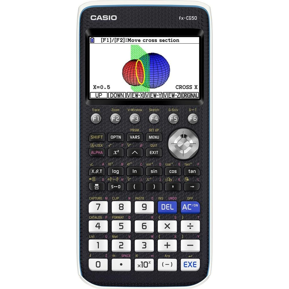 Kalkulator graficzny Casio z wykresem 3D na ekranie, przyciski poniżej.