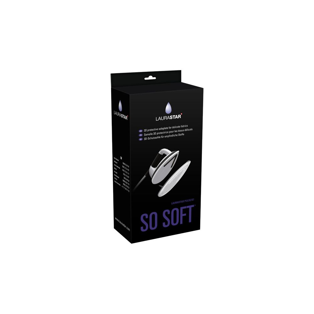 Emballage avec semelle de fer à repasser et texte "SO SOFT".