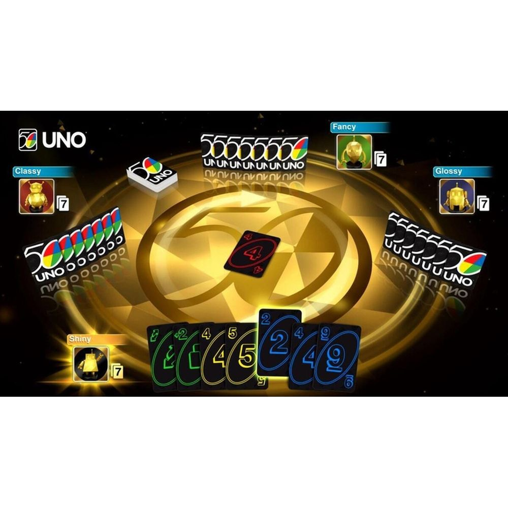 UNO Kartenspiel mit verschiedenen Karten und Avataren. Goldener Hintergrund.