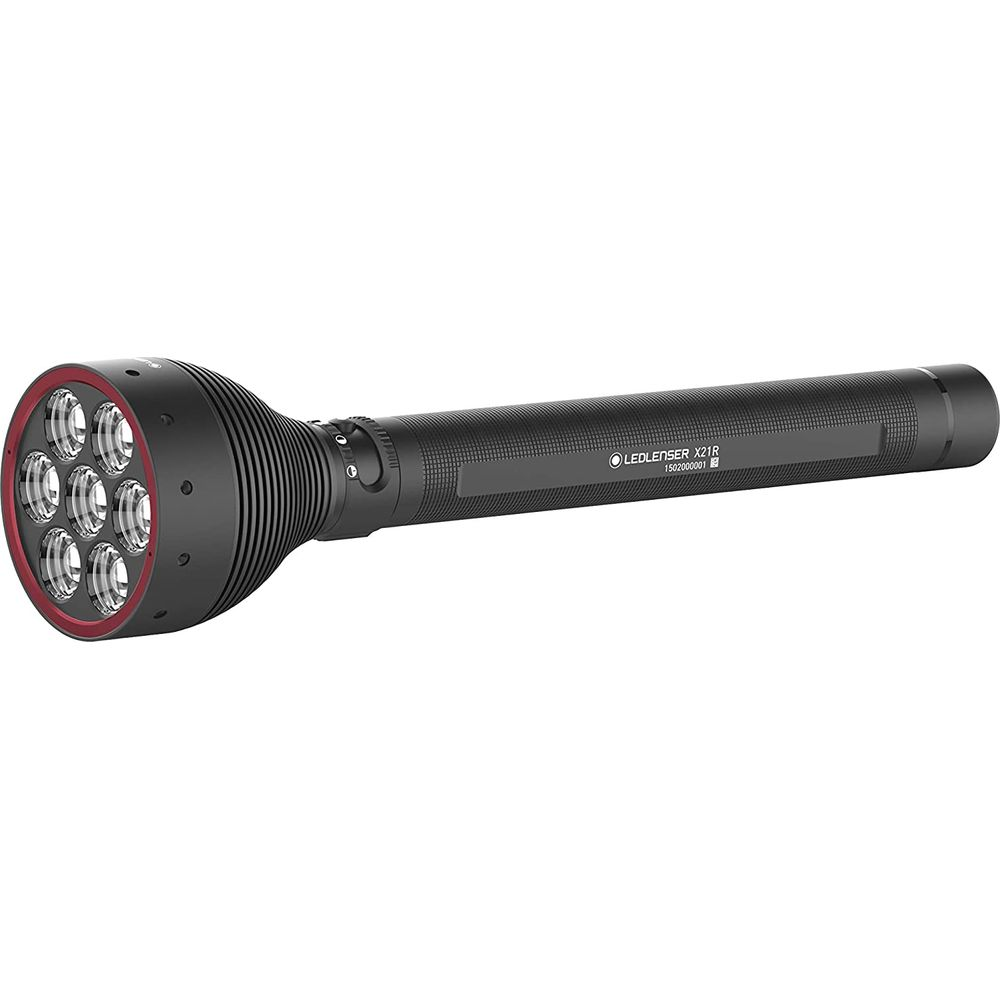 Schwarze LED-Taschenlampe mit sieben Linsen und rotem Ring, auf weißem Hintergrund.