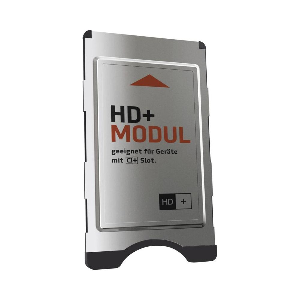 Ein silbernes HD+ Modul mit schwarzem Schriftzug und CI+ Slot-Symbol.
