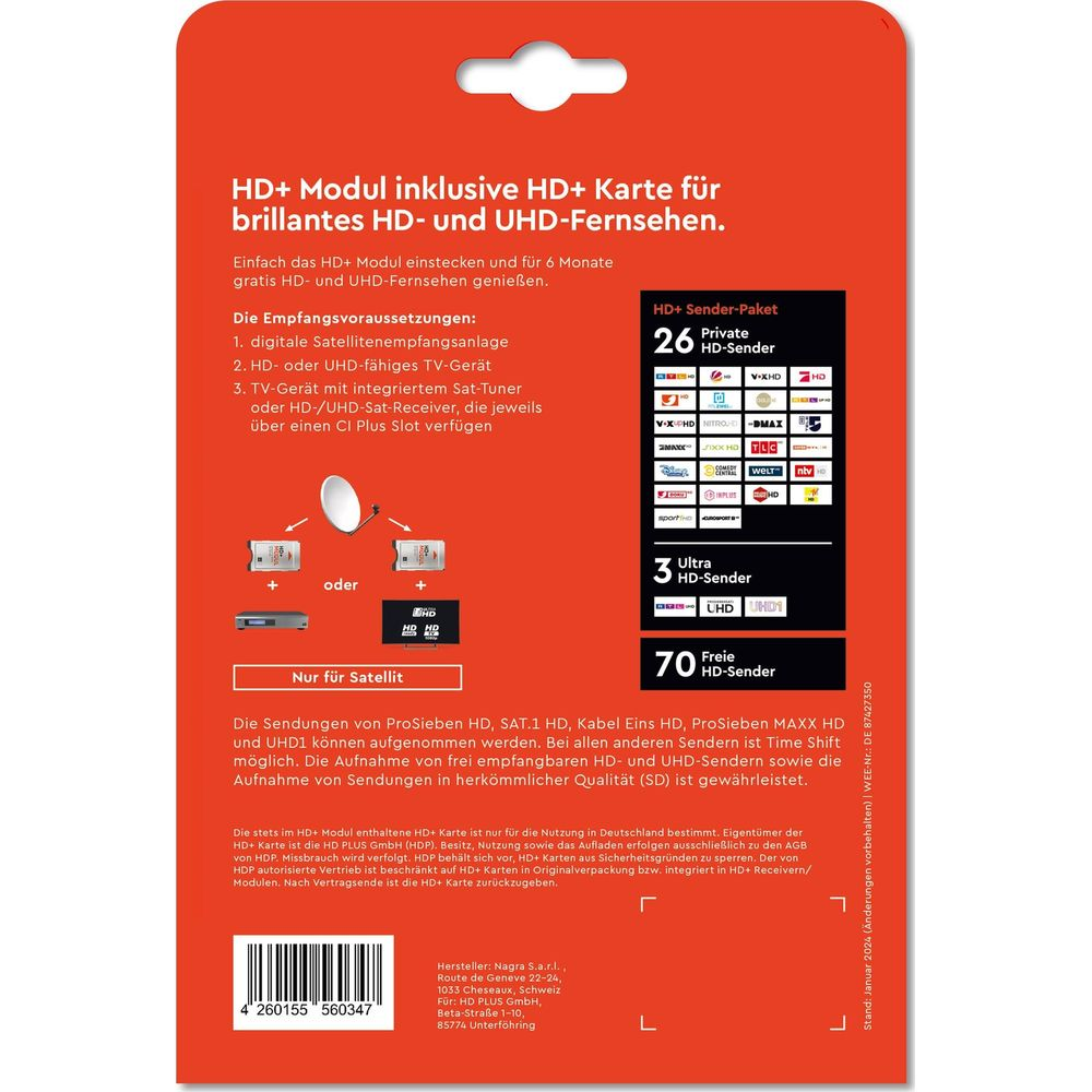 HD+ Modul mit HD+ Karte für brillantes HD/UHD Fernsehen, Senderpakete & Voraussetzungen.
