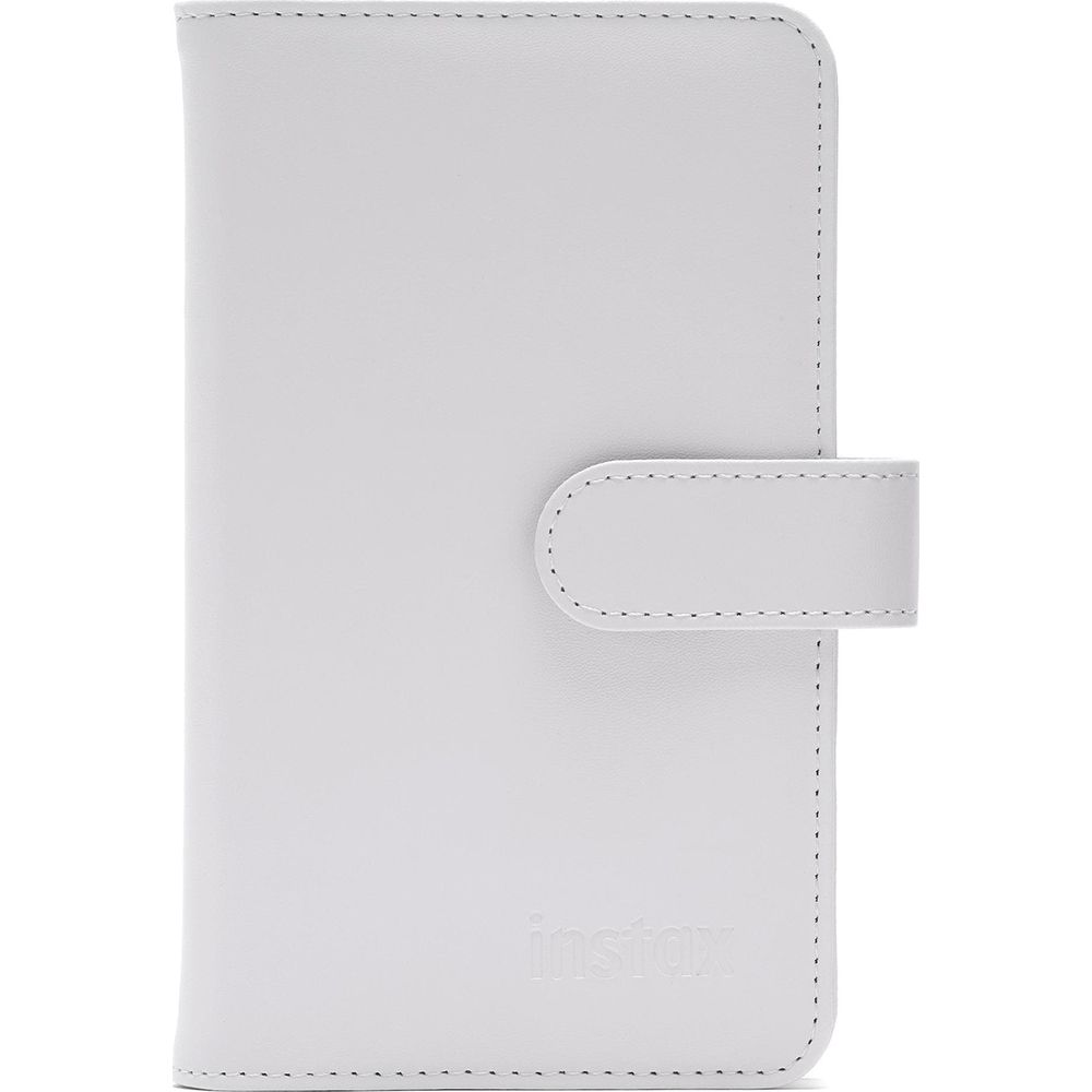 Białe etui z zatrzaskiem i wytłoczonym logo Instax.