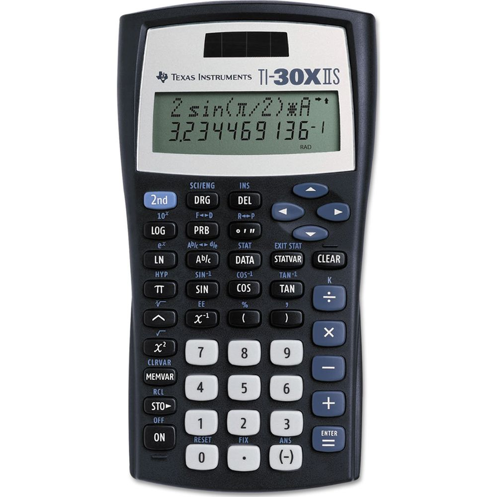Czarny kalkulator naukowy Texas Instruments TI-30XIIS z wyświetlaczem.