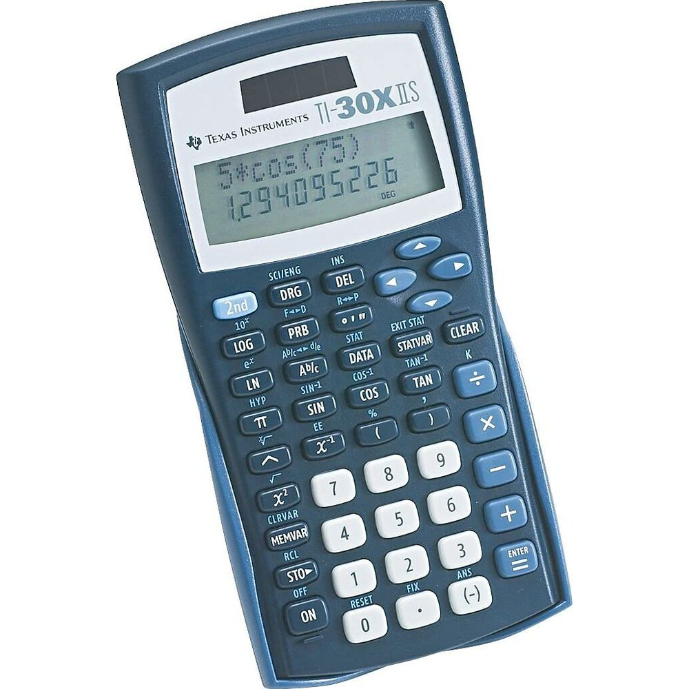 Niebieski kalkulator naukowy Texas Instruments TI-30XIIS z panelem słonecznym i wyświetlaczem.