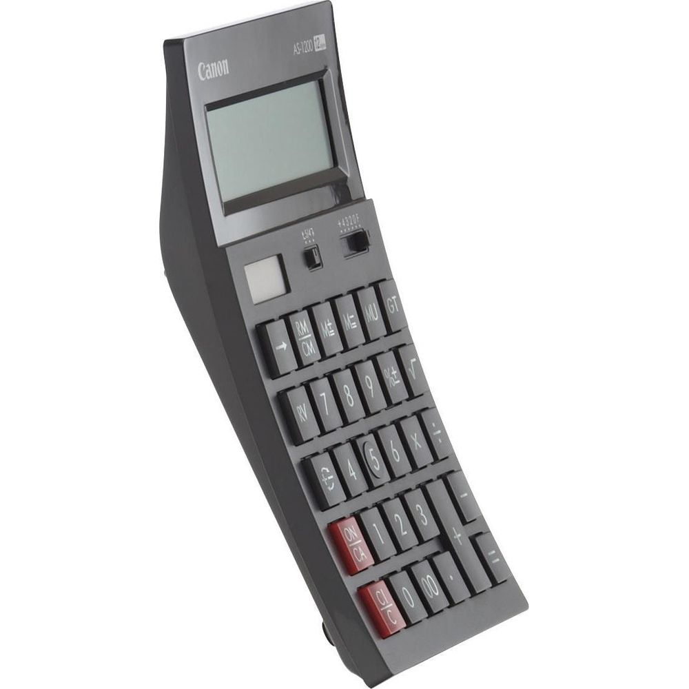 Ein dunkelgrauer Canon AS-1200 Taschenrechner mit LCD-Display und Tasten.
