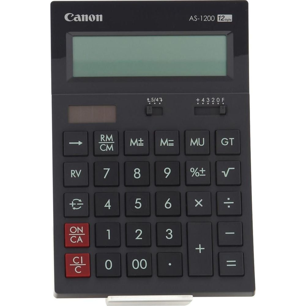 Ein schwarzer Canon AS-1200 Taschenrechner mit großem Display und nummerischer Tastatur.