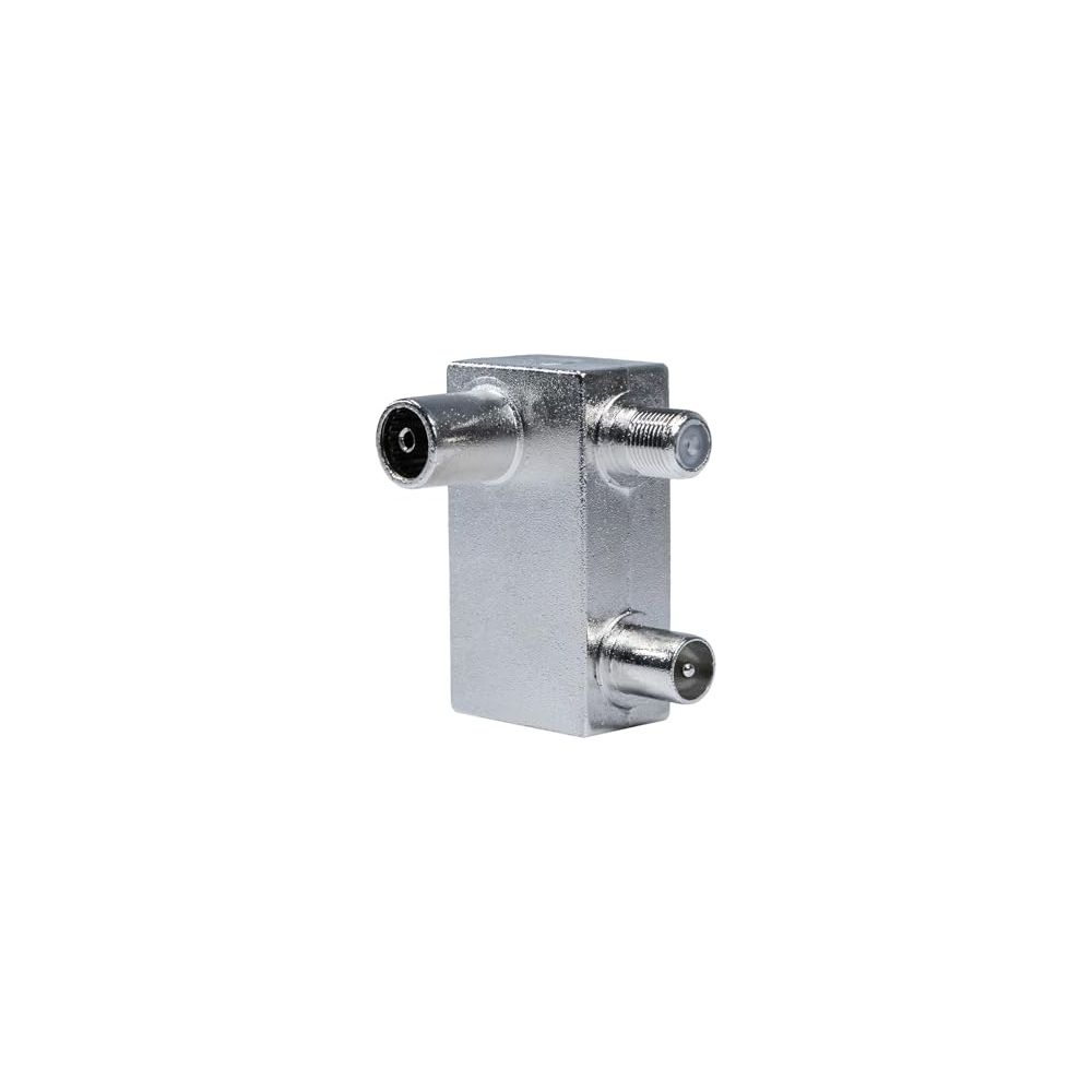Ein silberner Koaxialstecker-Splitter mit drei Anschlüssen auf weißem Hintergrund.