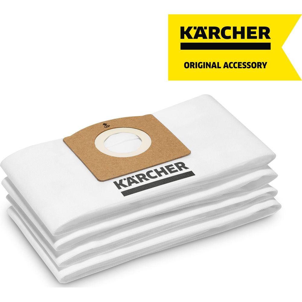 Białe worki do odkurzacza Karcher, ułożone w stos, z brązowym złączem i logo.