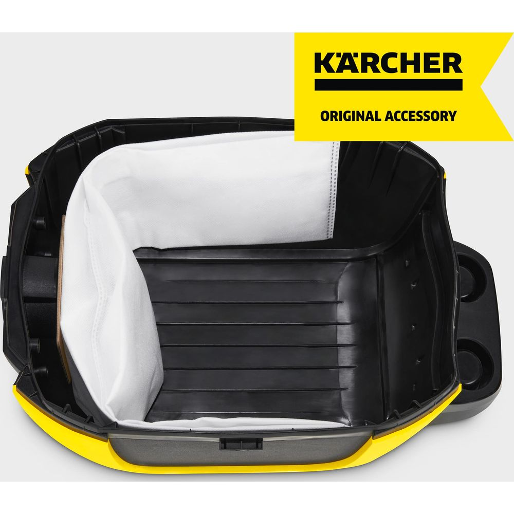 Żółty pojemnik odkurzacza Karcher z białym workiem na kurz w środku.