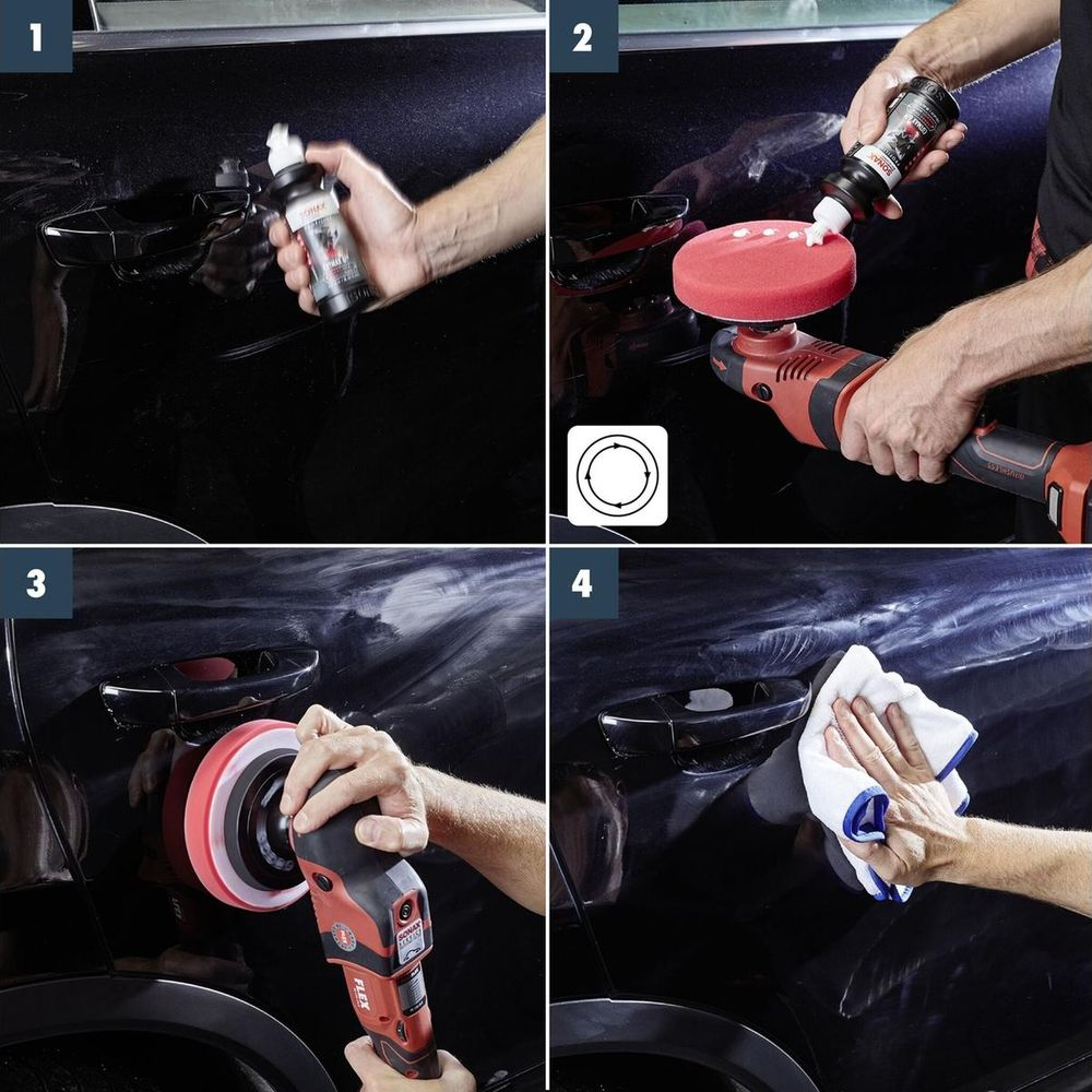 Étapes 1-4 : Polissage de voiture avec spray, polisseuse et chiffon.