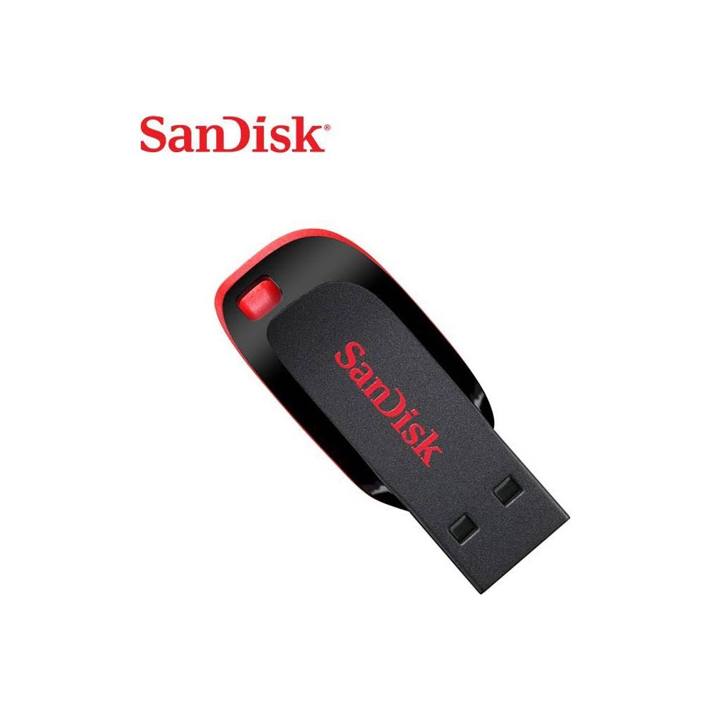 Czarny pendrive SanDisk z czerwonym akcentem i logo SanDisk.