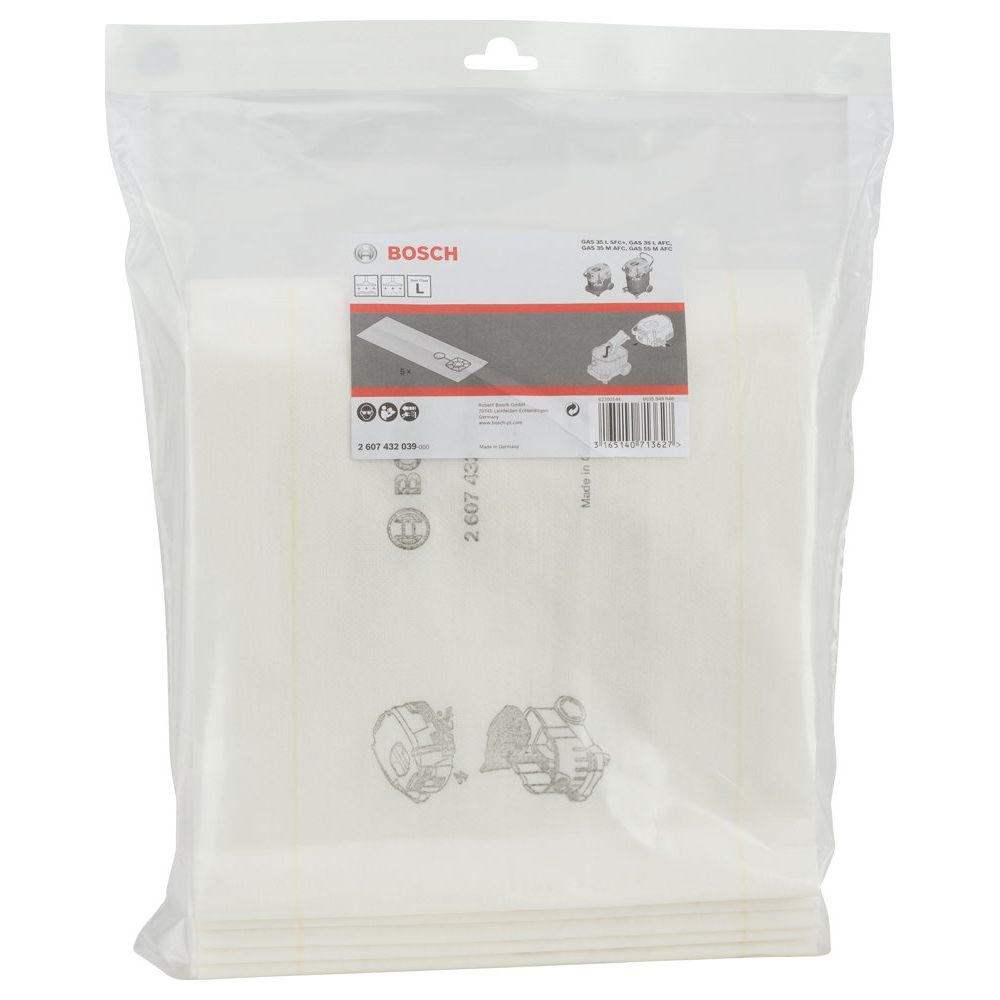 Weiße Bosch-Filter in transparenter Verpackung, mit Produktinformationen.