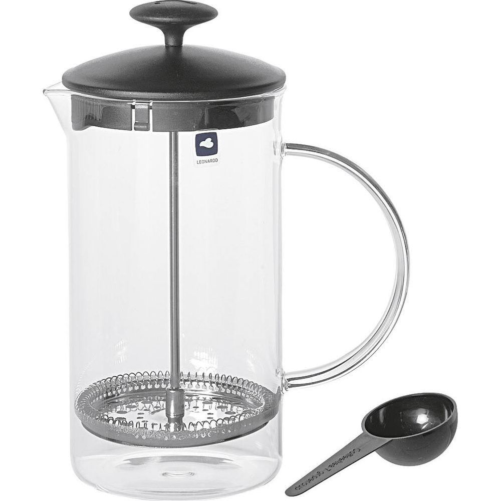 Glas-French-Press-Kaffeebereiter mit schwarzem Deckel und Löffel.