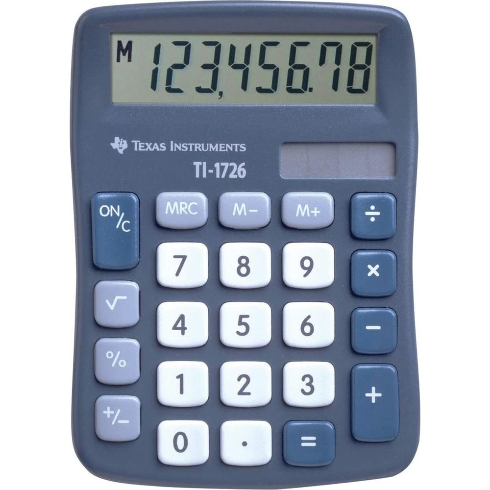 Kalkulator Texas Instruments TI-1726 w ciemnoszarym kolorze z białymi przyciskami.