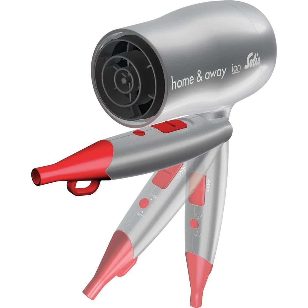 Ein silberner und roter Haartrockner mit "home & away" Aufdruck.