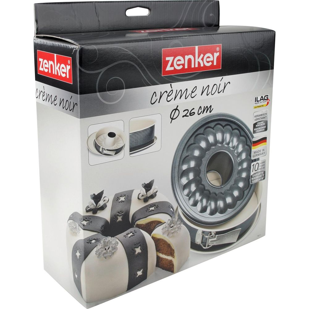 Zenker Gugelhupfform 26cm mit Kuchenabbildung und deutschen Herstellerinformationen.