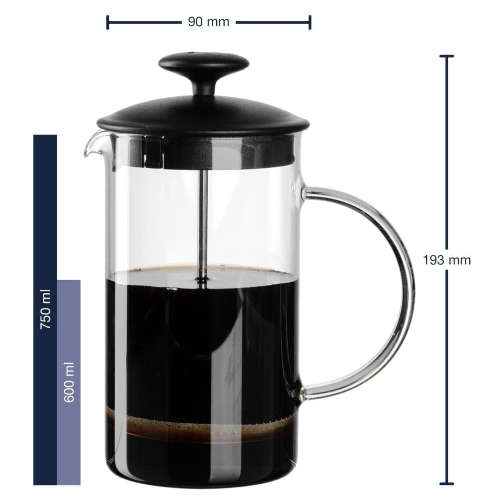 Glas-Kaffeepresse mit schwarzem Deckel, 193 mm hoch, 90 mm breit.