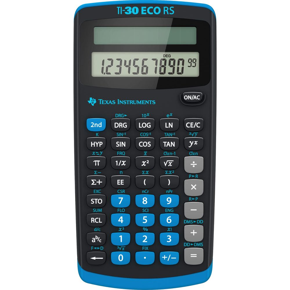 Een blauwe en zwarte Texas Instruments TI-30 ECO RS rekenmachine.