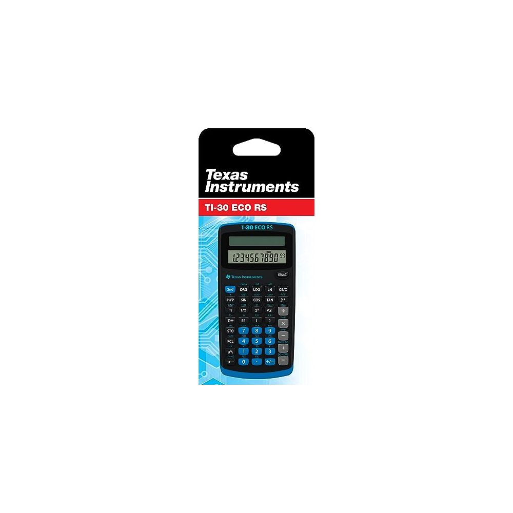 Verpakte Texas Instruments TI-30 ECO RS rekenmachine met blauwe rand.