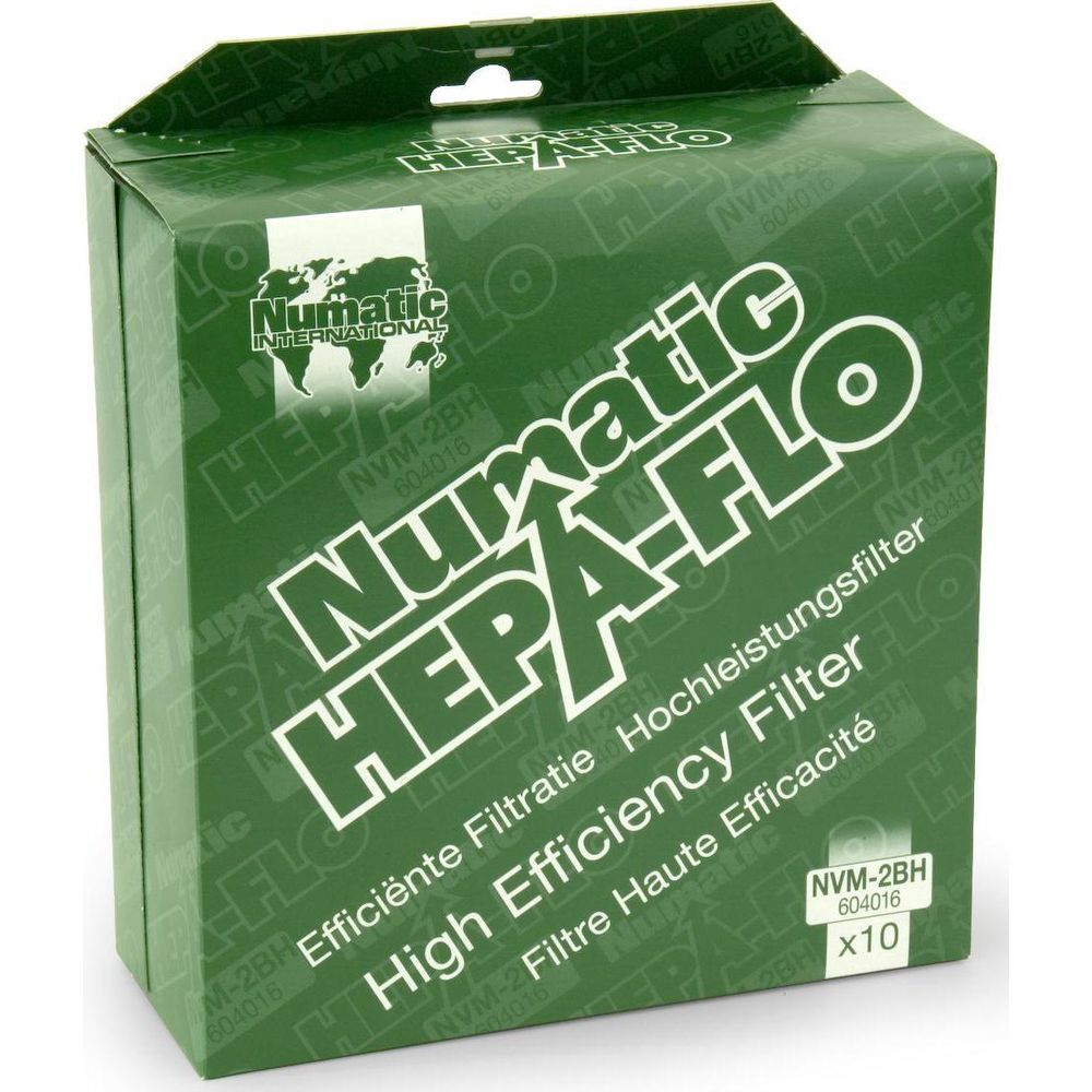 Grüne Numatic HEPA-FLO Filterbox mit Weltkarte und Produktinformationen.