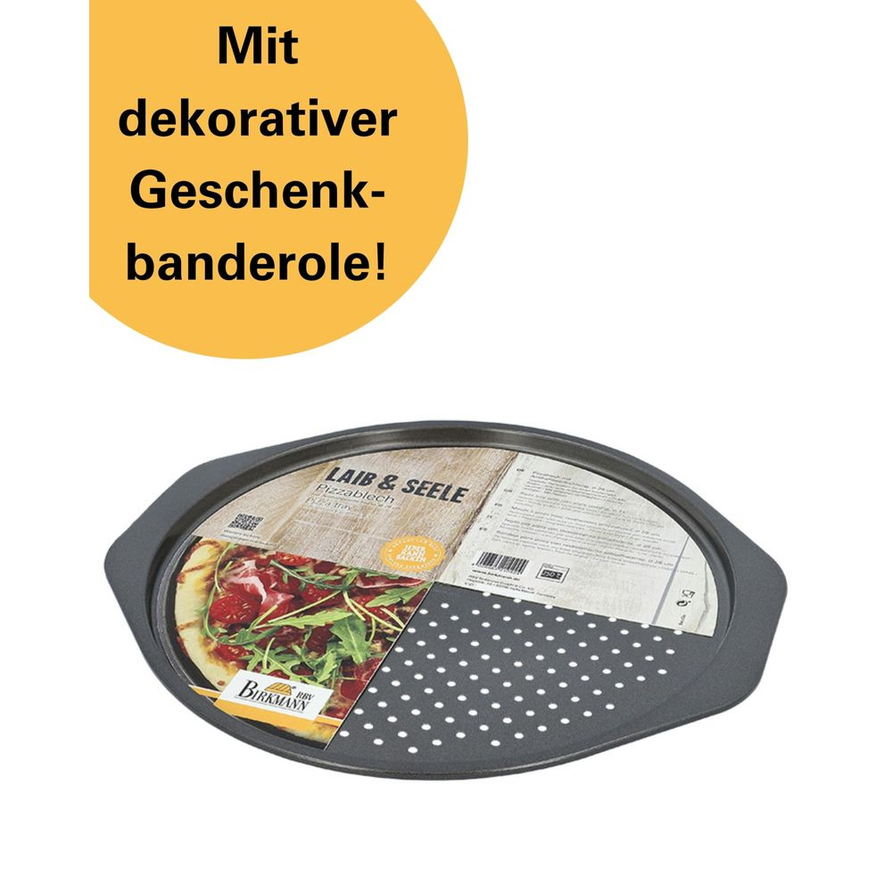 Graue Pizzablech mit Lochmuster und einem Bild einer Pizza. Gelber Kreis mit Text.