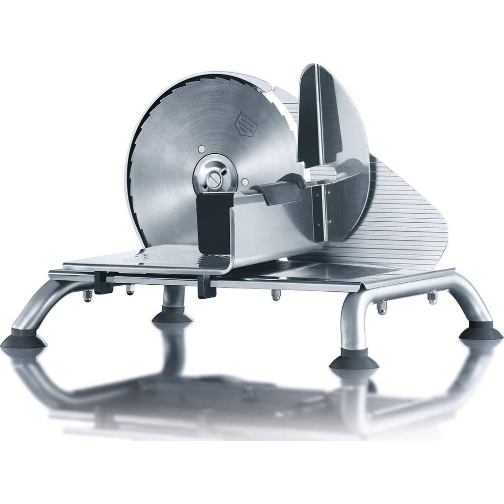 Srebrna krajalnica do mięsa z dużym ostrzem i stojakiem.