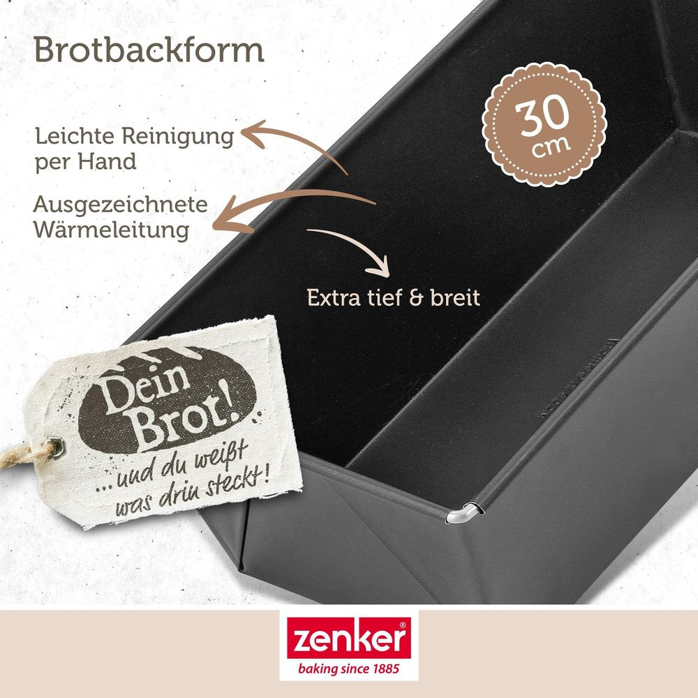 Schwarze Brotbackform mit Etikett und Größenangabe 30 cm.