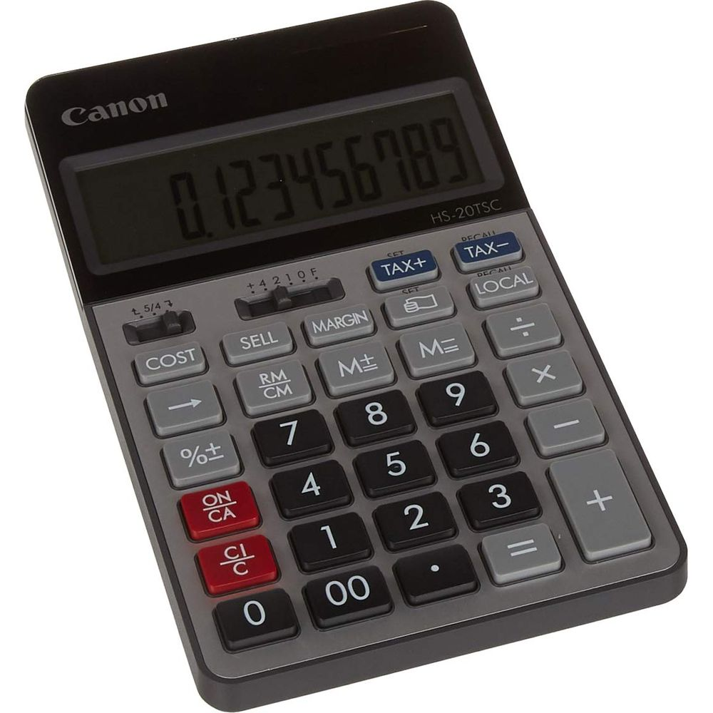 Czarny kalkulator Canon HS-20TSC z cyfrowym wyświetlaczem i przyciskami.