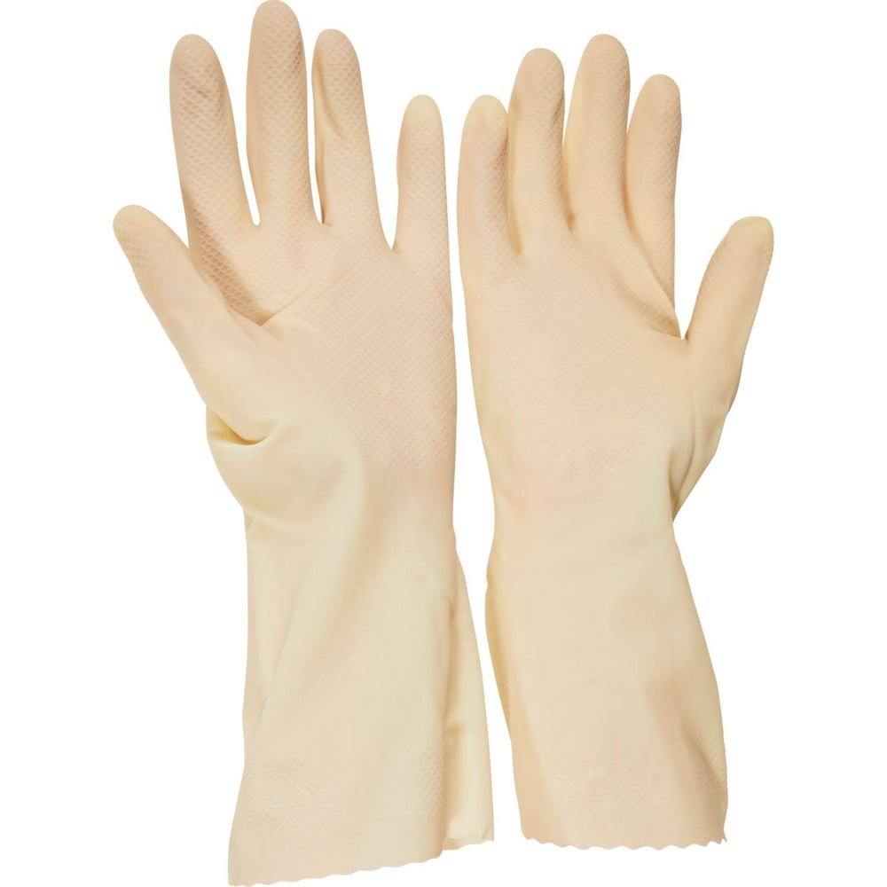 Ein Paar cremefarbene Gummihandschuhe mit Rautenmuster auf den Handflächen.