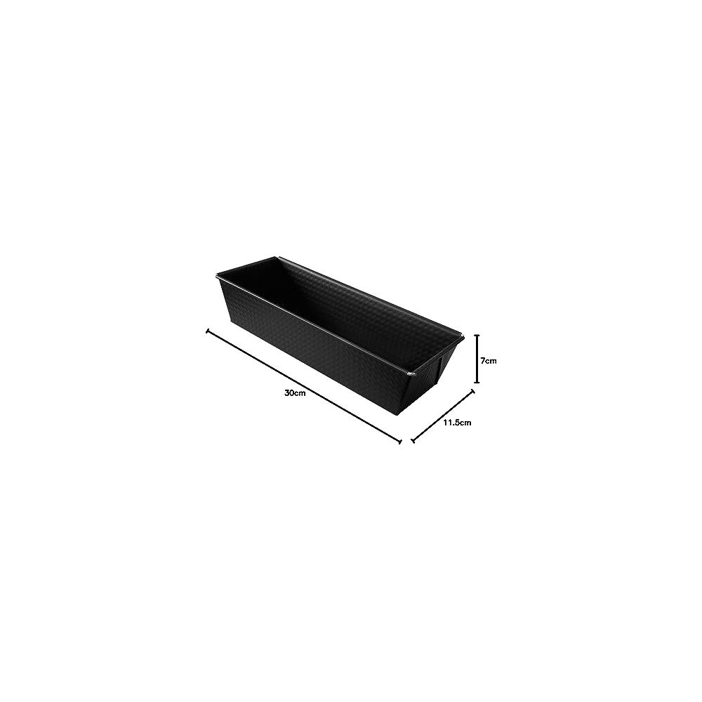Schwarze rechteckige Backform, 30x11,5x7cm, mit gerippter Oberfläche.