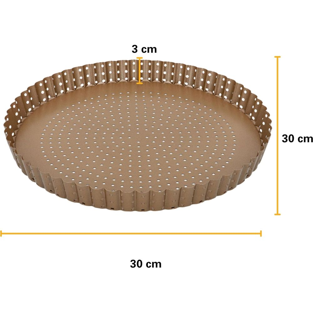 Braune Tartform mit 30cm Durchmesser und 3cm Höhe, mit Perforationen.