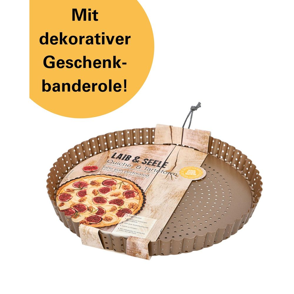 Braune Quiche- & Tarteform mit Lochung, mit einer Abbildung eines Kuchens.