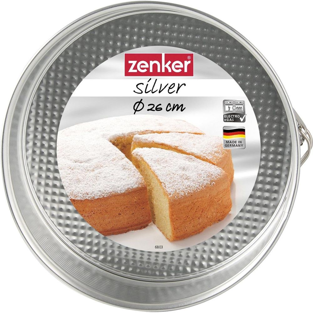 Zenker runde Backform, 26 cm, mit Kuchen und Puderzucker. Made in Germany.