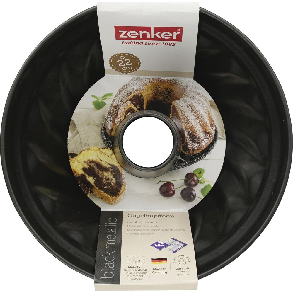 Zenker Gugelhupfform, schwarz, 22 cm, mit Kuchenbild und Beschreibung.