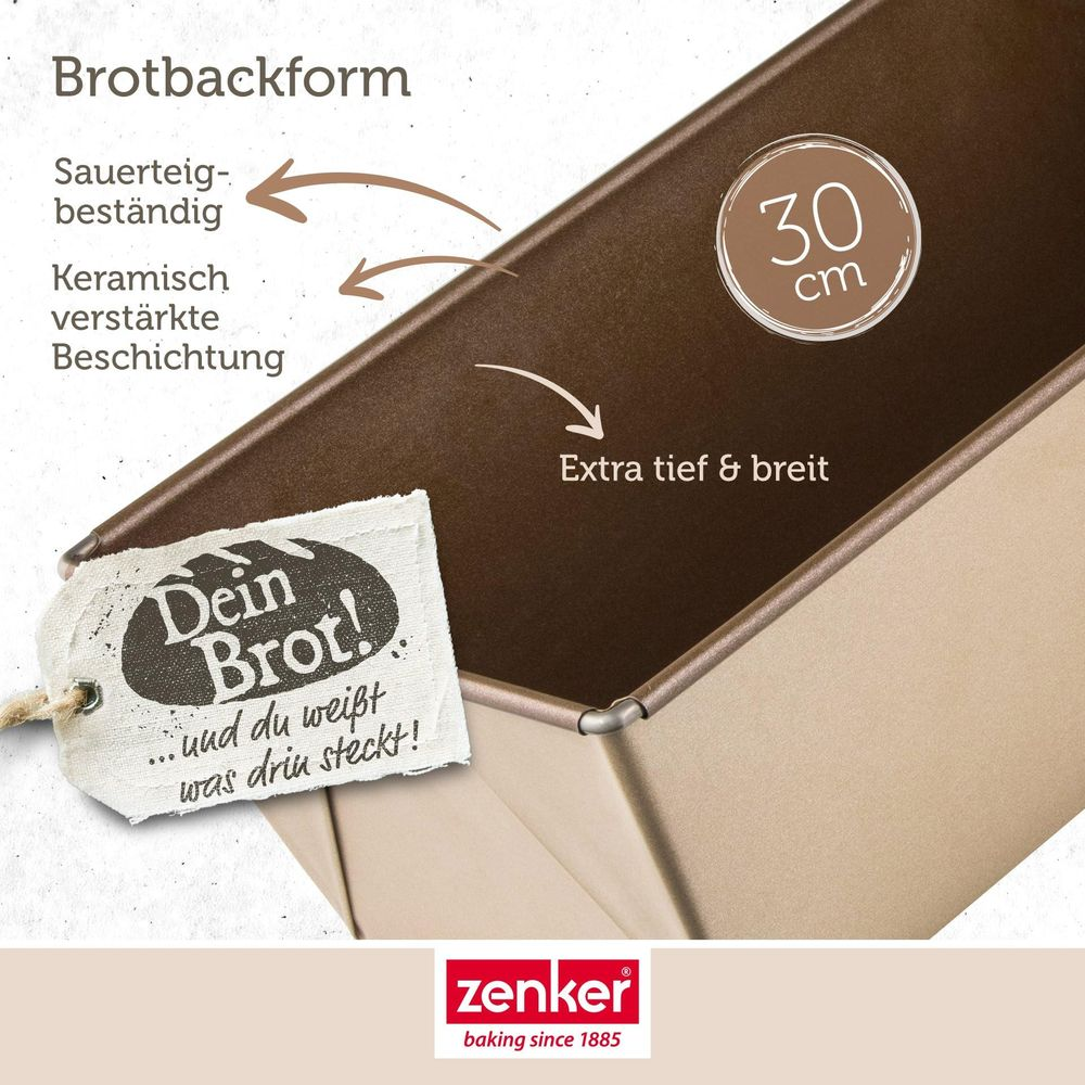 Eine braune Brotbackform mit "Dein Brot!"-Etikett und Maßen von 30 cm.