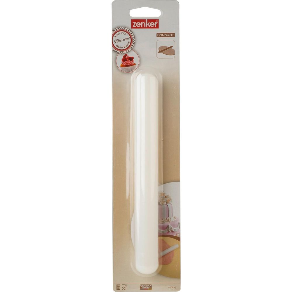Ein weißer Zenker-Rollstab für Fondant, verpackt in einer Blisterpackung.