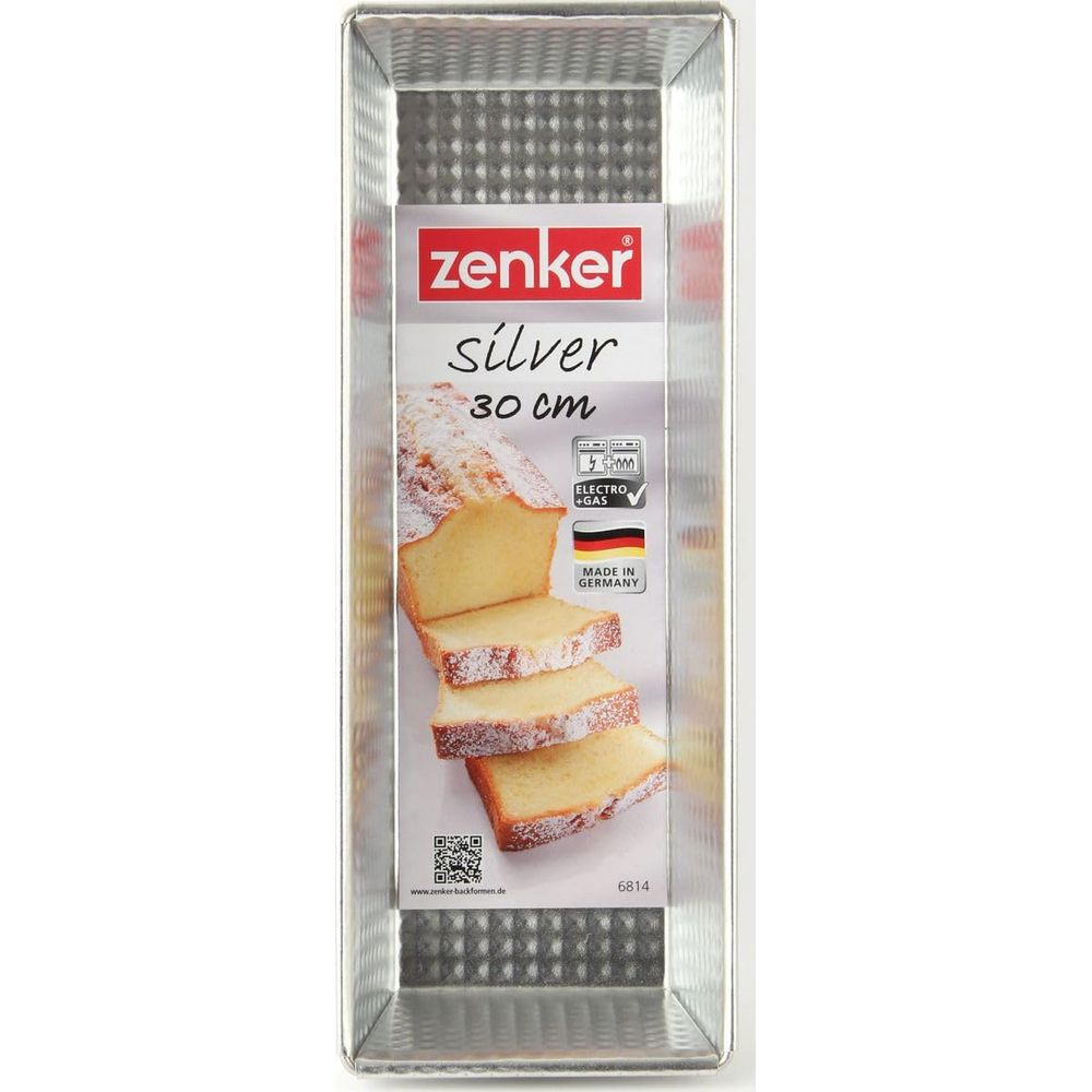 Zenker Kastenform 30cm, silberfarben, mit einem Kuchen darauf.