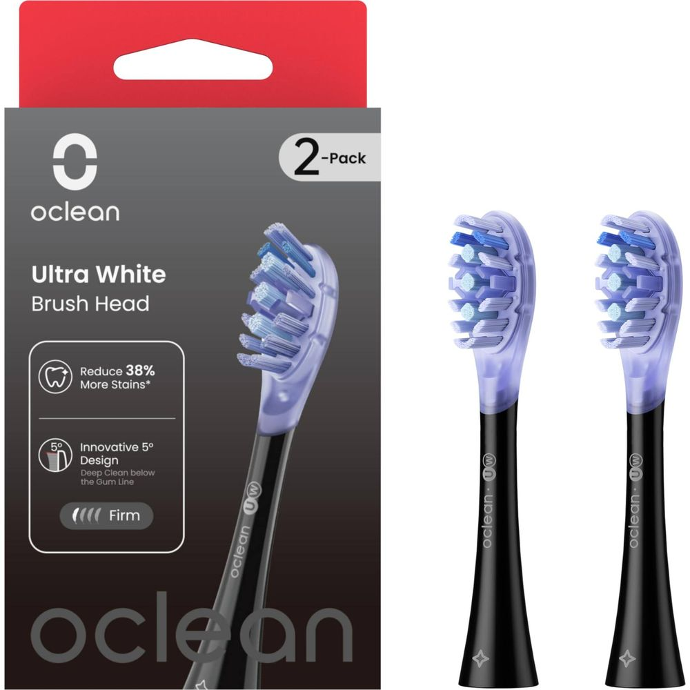 Two Oclean Ultra White brush heads with blue bristles on black handles.